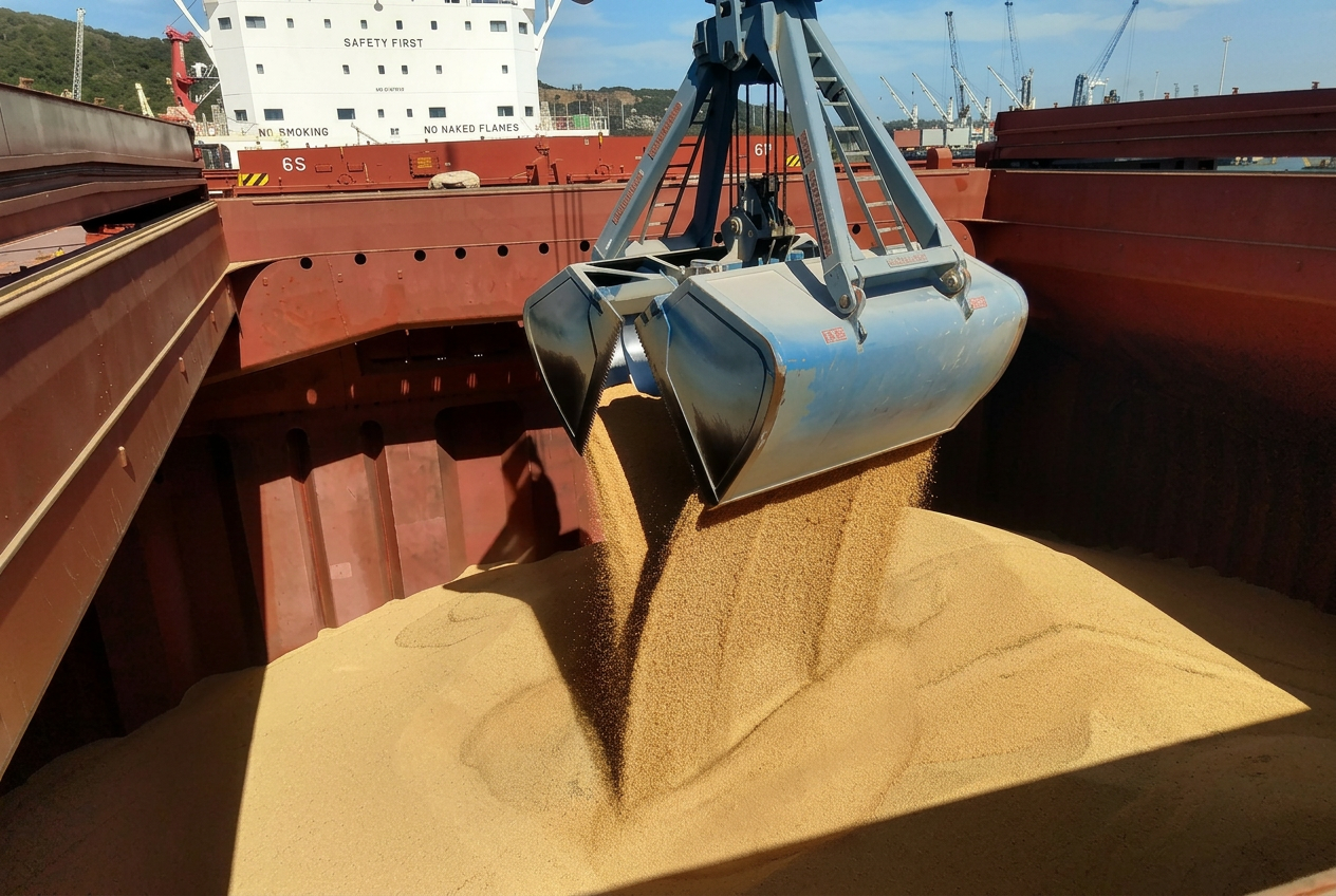 Descarga de grãos do porão de navio em operação portuária